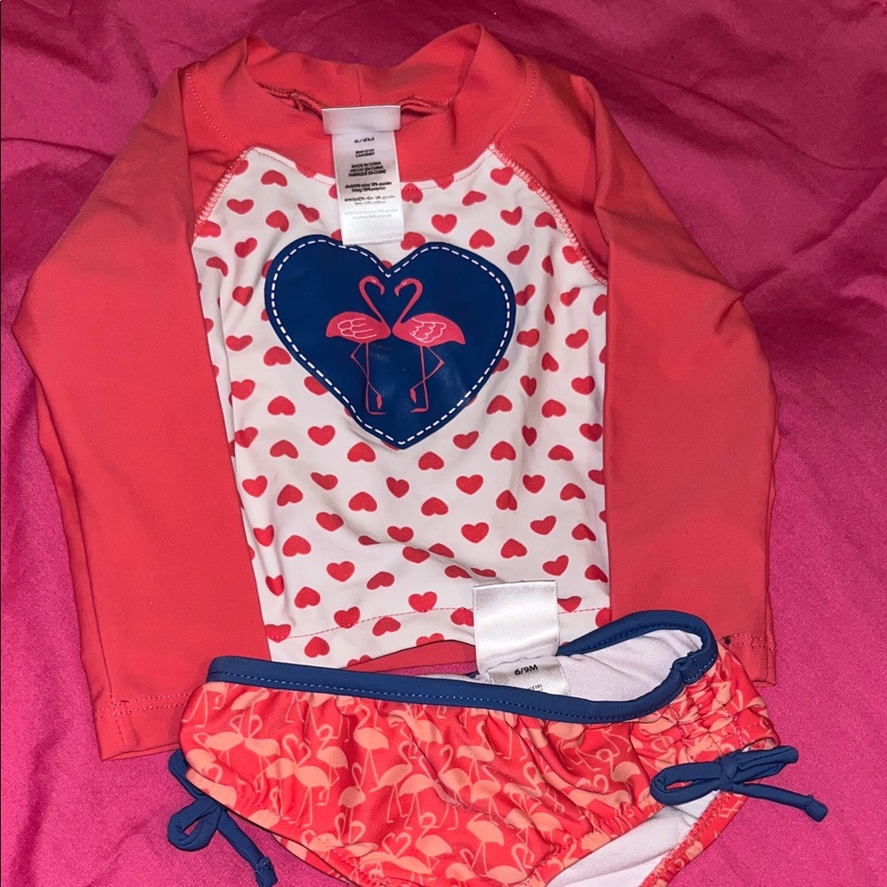 Kids Flamingo Heart Rash Guard Set - Pink and Blue